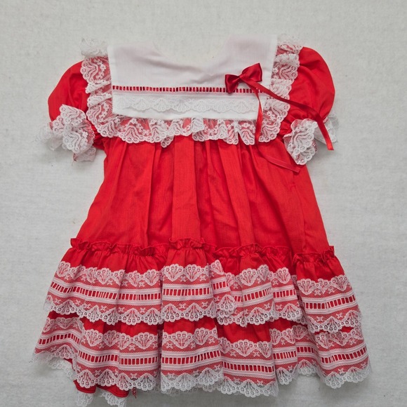 Vintage Red Dress Girls 2T Lace Trimmed Bow USA Made Party Special Occasion - Picture 1 of 7